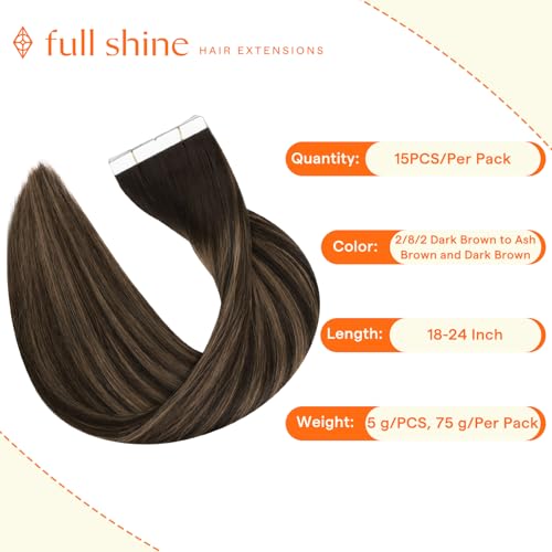 Image of Full Shine Wide Tape in Extensions Human Hair, Dark Brown Mix 22 Inch | 75g 15 PCS, Brazilian Tape in Human Hair Extensions, Full Coverage Design, Thick Ends, Long Style, Easy Maintenance