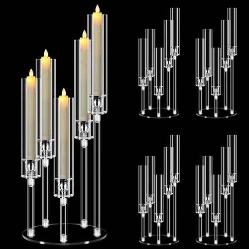 Ensemble de 4 Bougeoirs Design en Acrylique Clair 5 Bras - Hauteur 58 cm - Décoration de Table pour Réception, Mariage, Noël et Dîner - Compatible Bougies...