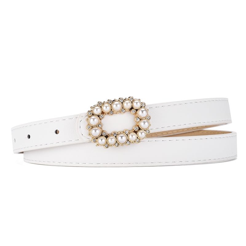 Women's Elegant Genuine Leather Belt Pearl Rhinestone Rectangle Buckle