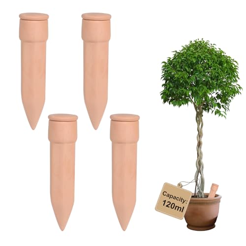 EXLECO 4 × 120ml Oyas Arrosage avec Liège, Arrosoir Terreau Plante Intérieur, Cône Olla pour Arrosage Automatique des Fleurs, Distributeur Eau Plante, pour Jardin, Potager, Pot en Terre Cuite