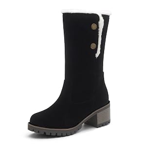 Womens Winter Warm Furry Mid Calf Snow Boots Pull On Suede Round Toe Fur Lined Wide Calf Dressy