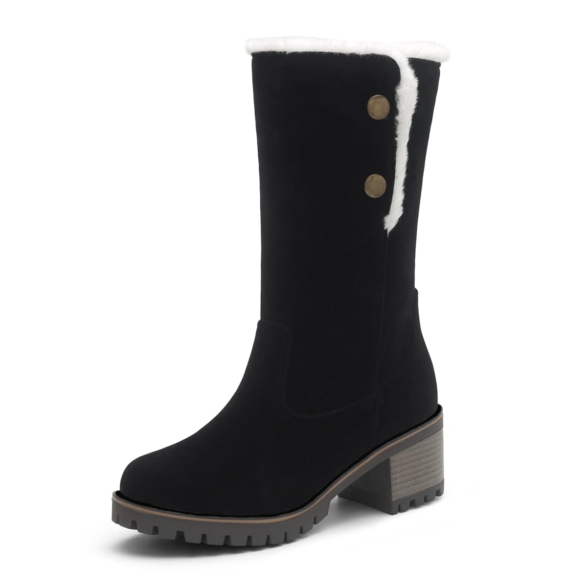 Womens Winter Warm Furry Mid Calf Snow Boots Pull On Suede Round Toe Fur Lined Wide Calf Dressy