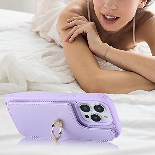 Image of for iPhone 14 Case with Card Holder and Strap for Women,Crossbody Lanyard,Ring Stand,Snap Clasp,Phone Wallet Cases 6.1 inch(Purple)