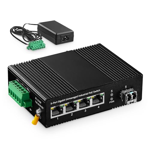 Image of 5 Port Gigabit PoE Industrial Switch, IEEE802.3af /at Ethernet, 1 SFP Port with 20km LC Module, IP40 Aluminum Alloy -40~75C(-40~185F), Din Rail and Wall Mount Kit, with 60W Power Supply