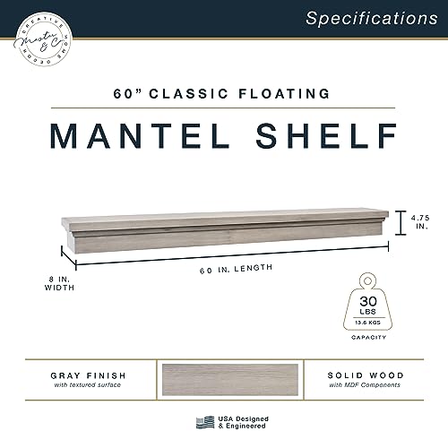 Image of MCS 60-Inch Mantel, Master & Co Gray Woodgrain Finish Solid Wood Floating Fireplace Mantel, Long Floating Shelf for Livingroom with Wood Cleat Hanging System, Photo and Home Decor Display Shelf