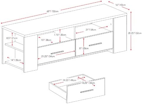 Technical drawing of the SONAX Bromley TV Bench with detailed dimensions in inches and centimeters.