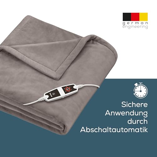Beurer HD 150 XXL Heizdecke, elektrische Wärmedecke mit Abschaltautomatik, 200 x 150 cm, 6 Temperaturstufen, maschinenwaschbar, Kuscheldecke, taupe