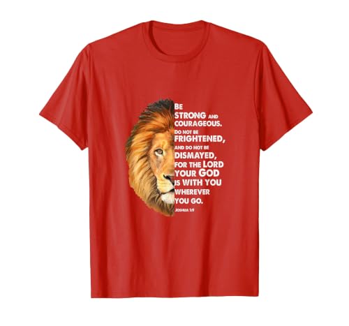 Joshua 1:9 Be a Strong and Brave Lion Christian T-Shirt, Men, Red, Small