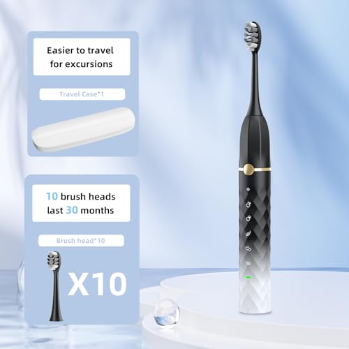 Image of Sonic Electric Toothbrush Set, Equipped with 10 Brush Heads and Travel Case, IPX8 Waterproof, 2-Minute Timer, 42000 High-Frequency Vibrations, 5 Modes, The First Choice for Gift Giving, Black White