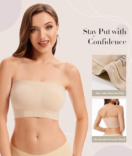 Wireless Strapless Bra for Women No Slip Silicone Grip Ribbed Bandeau Bra with Fixed Pads Fabric and Clear Straps4