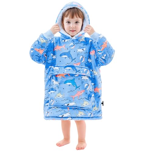 yescool Glow in The Dark Wearable Blanket Hoodie for Kids Toddlers 2-6YR Old Gifts, Oversized Blanket Sweatshirt with Sherpa for Christmas Thanksgiving Birthday Gifts, One Size, Shark