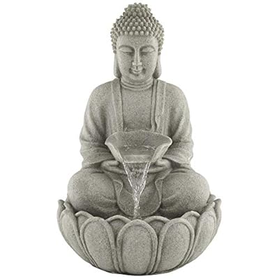 Calm Buddha 22" High Large Zen Asian Indoor Outdoor Decor Sand Stone Floor Fountain with Light LED Standing Waterfall Water Feature for Outside Garden Patio Yard Backyard Porch Deck - John Timberland