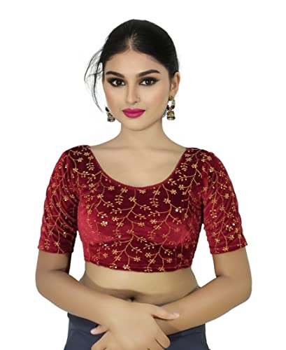 Image of PU Fashion Stylish Golden Embroidery Work Readymade Stretchable Velvet Blouse - Soft Breathable Fabric, Saree Blouse for Women