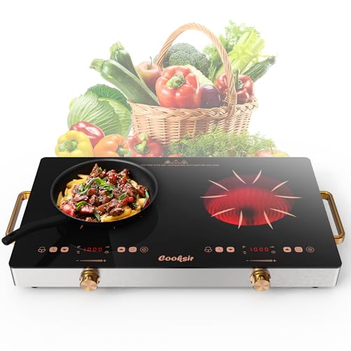 Cooksir Placa vitrocerámica 2 fuegos, portatil de doble zonas, placa independiente con mandos, temporizador, bloqueo para niños, 56 cm, 220-240 V, 3200 W, con enchufe