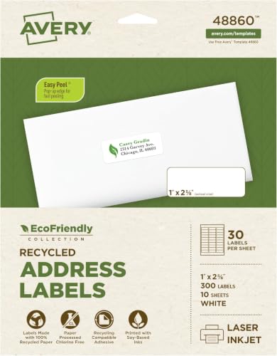 Image of Avery EcoFriendly Recycled Address Labels, 1 inch x 2-5 /8 inch, White, Permanent Label Adhesive, 300 Printable Labels (48860) (Pack of 5)