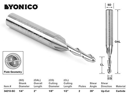 Image of YONICO Carbide Ball Nose End Mill CNC Router Bits 2 Flute Spiral 1 /8-Inch Dia. 1 /4-Inch Shank 34210-SC