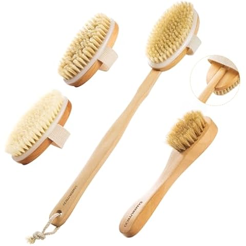 SAMEBUTECO Dry Brushing Body Brush Set Wood Long Handle with 3 Detachable Heads, Face Brush,Body Scrubber Boar Bristle Exfoliator for Lymphatic Drainage and Cellulite,Back Scrubber for Shower Cover