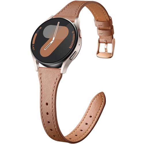 Easuny Fin Cuir Bracelets Compatible avec Samsung Galaxy Watch 7 Bracelet - Galaxy 6 5 4 40mm 44m, Véritable Cuir Bracelet pour Samsung Watch 6 Classic 47mm 43mm, 4 Classic 42mm 46mm, Marron/Or rose