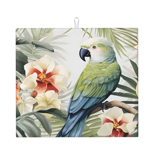 Mexpekil Tapete de secado de platos con flores de loro tropicales para encimera de cocina, reversible, absorbente, lavable, de secado rápido, escurridor para platos, tazas, ollas, 40 x 45 cm