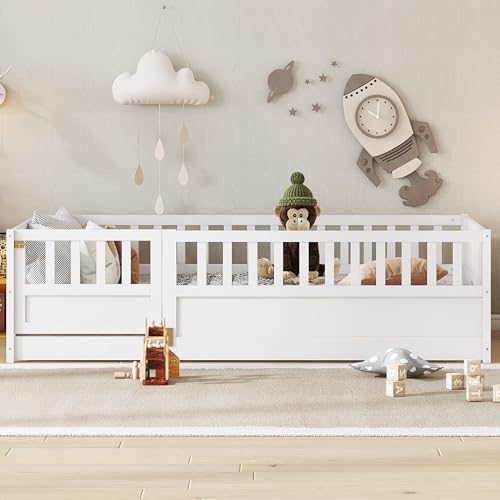 Image of Bellemave Twin Size Kids Montessori Floor Bed,Solid Wood Floor Bed Frame with High Fence and Lockable Door for Kids,Girls,Boys,Twin,White