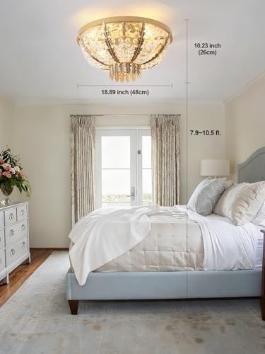 Image of 20 inch Gold Crystal Fandelier Ceiling Fan with Light, Crystal Flush Mount Ceiling Fan with Light Remote Control,Mid-Century Caged Crystal with 6 Speed for Bedroom, Nursery, Living Room