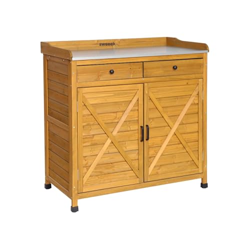 Pflanztisch aus Tannenholz mit 2 Türen und 2 Schubladen, naturfarben B 102 x T 52,5 x H 103,5cm - Azalee