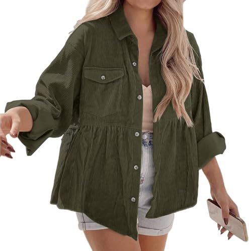 Corduroy Peplum Hem Button-Up Shirt Jacket for Women Long Sleeve Loose Fit Button Down Blouses with Pockets2