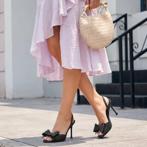 Image of Satin High Heels Slingback Open Toe Mules Sandals Bow Stiletto Sexy Heels Comfortable Wedding Party Shoes