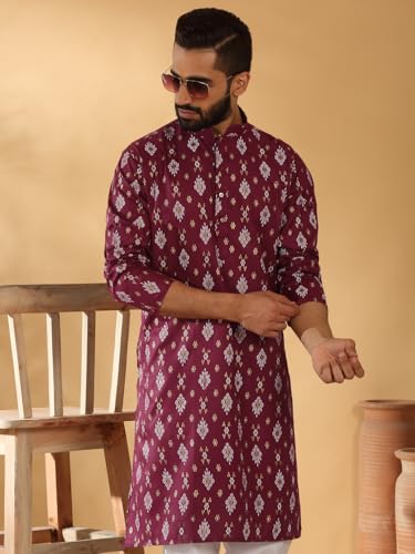 Image of KRAFT INDIA Men's Cotton Blend Geometric Printed Straight Long Regular Kurta and Elastic Waistband Pyjama Set