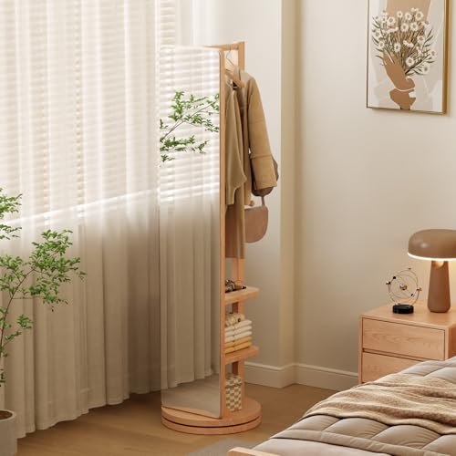 Image of WoodsWhisper Full Length Mirror Coat Rack Solid Wood Floor Mirror 66 inchx12 inch Full Length Mirror with Stand Long Mirrors for Bedroom,Living Room (Natural, 66 inch Lx12 W)