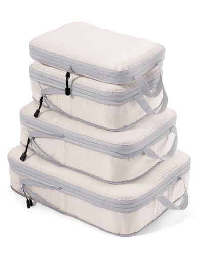 Meowoo Packing Cubes Compression 4 en 1 Set, Organizador de Maletas para Viaje con Compresión Expandibles Organizador de Equipaje de Impermeable Bolsas de Viaje para Maletas y Mochila, Beige