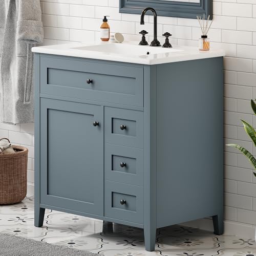 Image of 30 inch Bathroom Vanities with Top Set, Cabinet with Right-Side Multi-Functional Tip-Out Drawer and Adjustable Shelf, Soft-Closing Door, Solid Wood Legs, Blue Gray