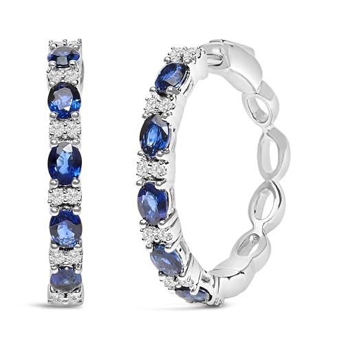 14K White Gold 4x3mm Oval Blue Sapphire and 1/4 Cttw Diamond Alternating Hoop Earring (I-J Color, SI2-I1 Clarity)