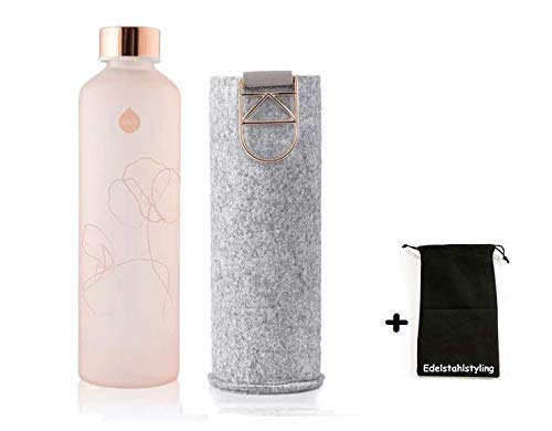 Equa Mismatch Bloom Glasflasche Trinkflasche Borosilikat Glas + Edelstahlstyling Stoffbeutel (750 ml, Filzhülle Rose Gold Metallgriff)
