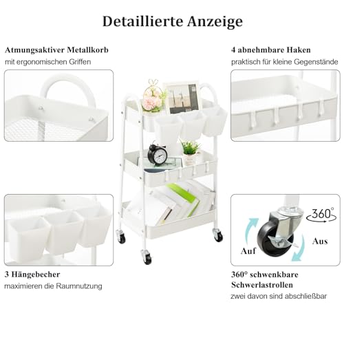 danpinera Rollwagen mit 3 Ebenen, Rollwagen Metall, feststellbaren Rädern & hängenden Bechern & Haken, Mobiler Bastelwagen für Küche, Bad, Büro, Werkstatt, Weiß