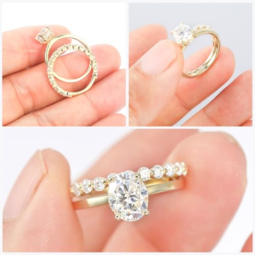 3CT Moissanite Wedding Ring Set for Women D Color VVS1 Bridal Set Wedding Bands S925 Sterling Silver with 9K Gold Plated Genuine Moissanite Engagement Promise Rings for Her Size 6.53