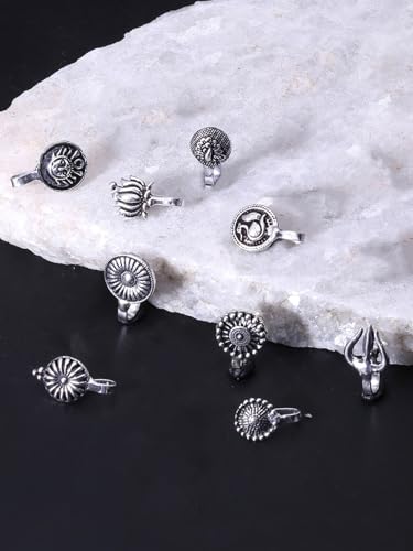 Yellow Chimes Traditional Silver Oxidised Nose Pin Without Piercing Floral Shaped - Image 2