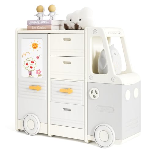 GOPLUS Meuble Rangement Enfant en Forme de Voiture, Organisateur de Jouets Livres avec 4 Tiroirs, Armoires Fermées, Tableau de Dessin, Étagère Enfant en...