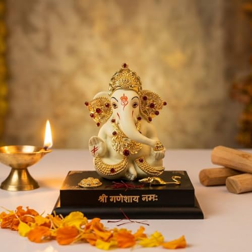 Image of Ganesha Idol for Home Decor | 4 Inch Golden Ganpati Murti with Stone Work | Resin Ganesh Ji Idol for Car Dashboard, Office Desk & Pooja Room | Vastu Decorative Statue (172g)