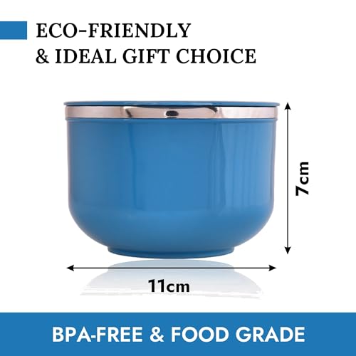 Image of 600ml Airtight-Lid Stainless Steel Soup Bowl with Spoon & Holder | Leakproof Food Container for Noodles, Pasta & Milk | Maggie Bowl & Souptok for Eating | Navy Blue