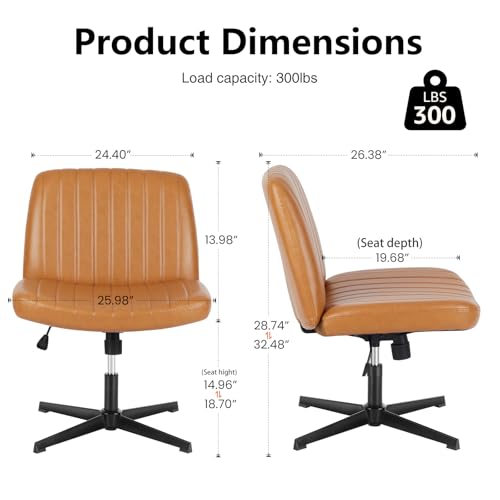 Sweetcrispy Criss Cross Chair Legged, Armless Office Wide Desk Chair No Wheels, PU Leather Swivel Vanity Height Adjustable Fabric Modern Computer Task Seating for Home - Brown