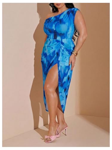 Image of Floerns Women's Plus Size Asymmetrical Neck Long Dress Ruched Slit Hem Cocktail Dress