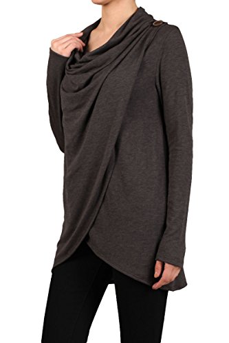 HEYHUN Womens Casual Cowl Neck Draped Button Detail Longsleeve Top S-3XL2