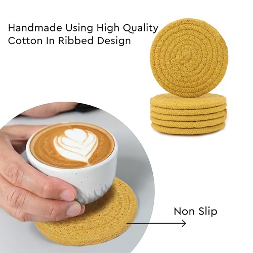 Image of Encasa XO Drink Coasters Set of 6 | Yellow with Round (9 cm) | Handcrafted Ribbed Cotton | Absorbent & Heat-Resistant | Use for Tea, Coffee Table & Desk