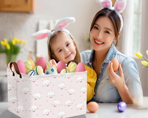 Image of Large Rectangular Easter Baskets Empty Waterproof Boy Toy Box Foldable Kid's Gifts Storage Bin Spring Room Decor(Pink Love Rabbit Head)