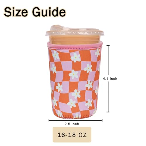 Image of Reusable Insulated Sleeve for Iced Coffee Cup, Coffee Neoprene Sleeve for Cold & Hot Drinks, Beverage Holder for Iced Coffee (Daisy Grid, Small: 16-18oz)