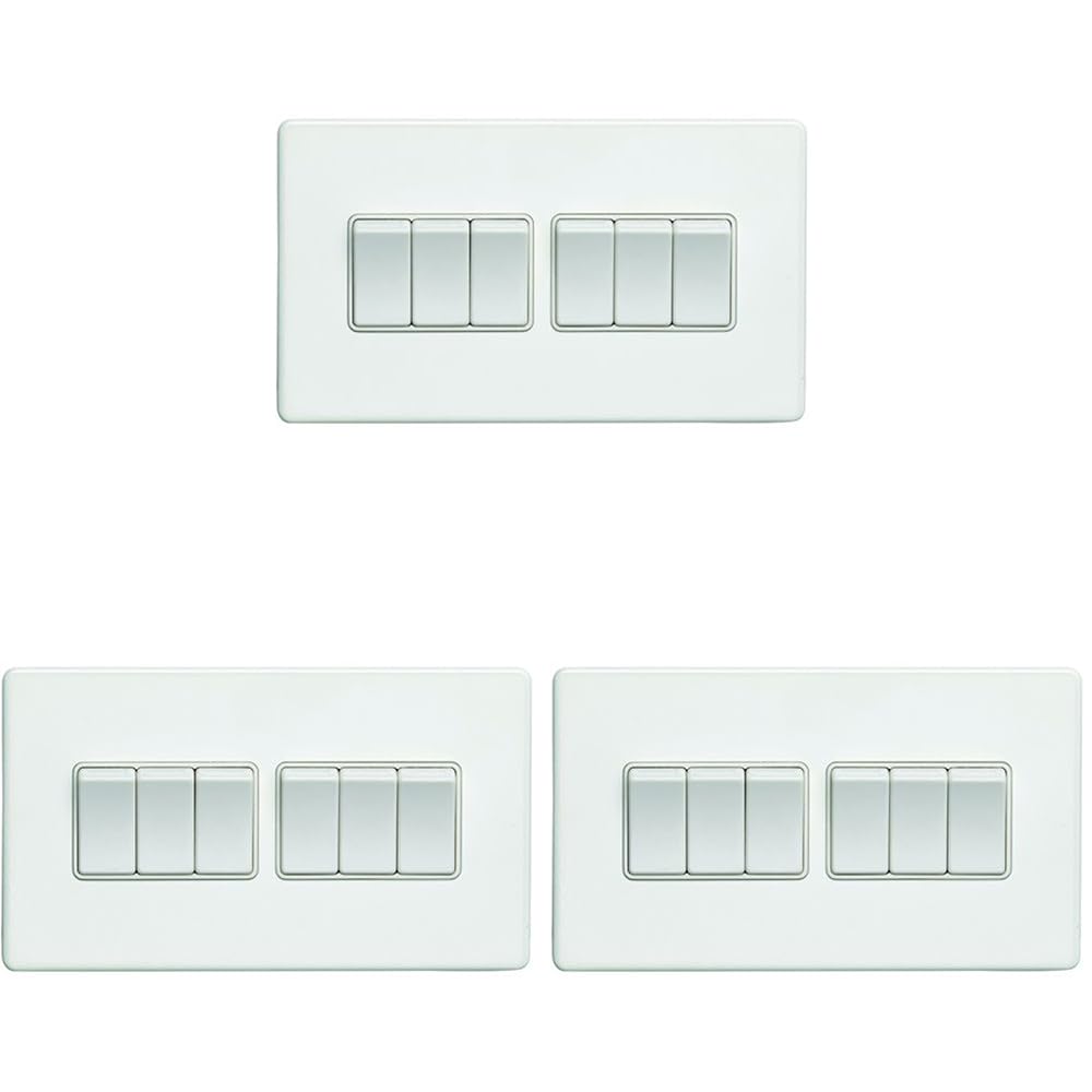 3 Stück 6-Gang-Multi-Lichtschalter, schraubenlos, matt, weiß, 2-Wege, 10 A, schmaler Wippschalter – dekorative Küche, Wohnzimmer, Schlafzimmer