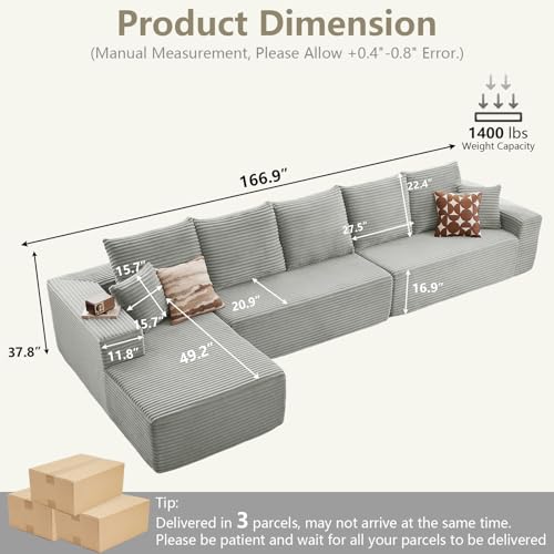 Image of 166.9 inch Cloud Sectional Couch with L-Shape Chaise, Modern Modular Comfy Sofa Chaise Longue, Upholstered Corduroy Couches Sleeper with Deep Seat for Living Room Bedroom, No Assembly Required, Grey