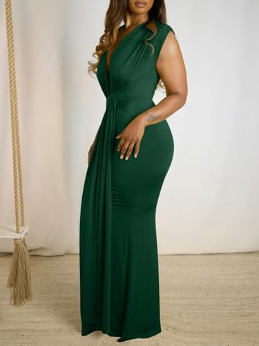 Image of Ekaliy Elegant Bodycon Dresses for Women Deep V Neck Maxi Dress Mermaid Long Dress