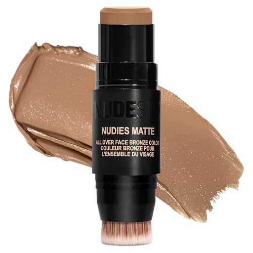 Nudestix Nudies Bronze All Over Matte Bronzing Stick – 3-in-1 Cream Bronzer for Cheeks, Eyes & Lips with Built-In Brush | Natural Contour & Sun-Kissed Glow | Bondi Bae